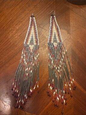 Long Beaded Fringe Earrings in Cream, Red/Orange & Green